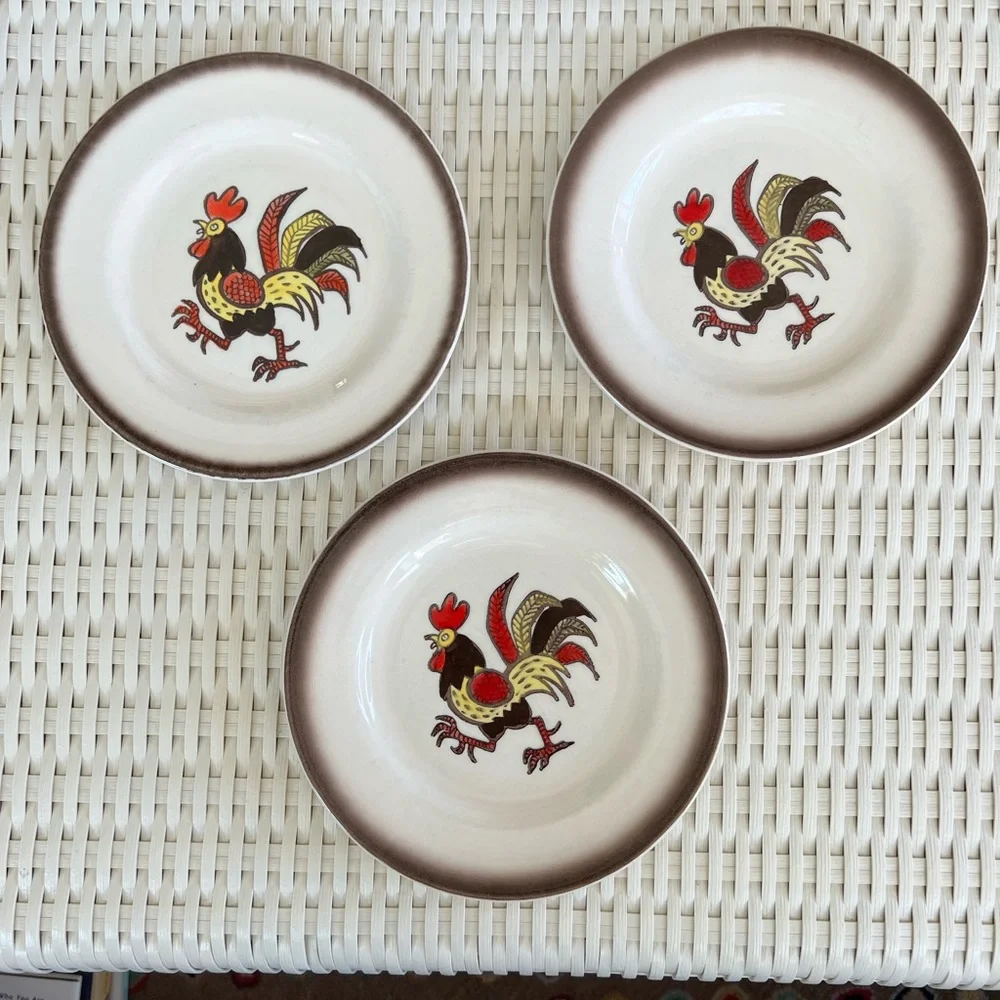 Poppytrail Metlox California Red Rooster Ivory Bread & Butter Plates set of 3
